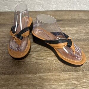 BoNaVi Leather Thong Wedge Sandals Womens Size 6.5 Brown Black Flip Flop Casual